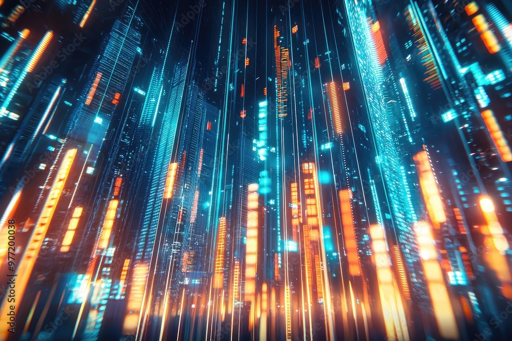 Futuristic cityscape with neon lights and vibrant colors creating a digital atmosphere. Perfect for technology and innovation themes. Futuristic cityscape with neon lights and vibrant colors creating a digital atmosphere. Perfect for technology and innovation themes.
