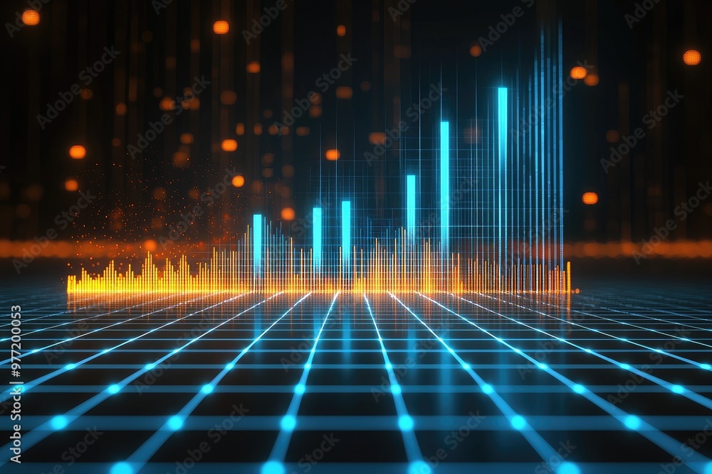 Dynamic sound wave visualization with glowing bars and vibrant colors against a digital grid background, perfect for tech-related projects. Dynamic sound wave visualization with glowing bars and vibrant colors against a digital grid background, perfect for tech-related projects.