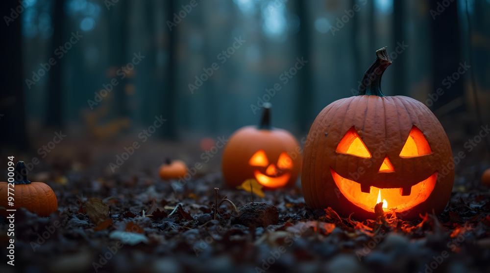 Halloween pumpkins glowing in the dark forest. Scary Halloween background. Generative AI Halloween pumpkins glowing in the dark forest. Scary Halloween background. Generative AI