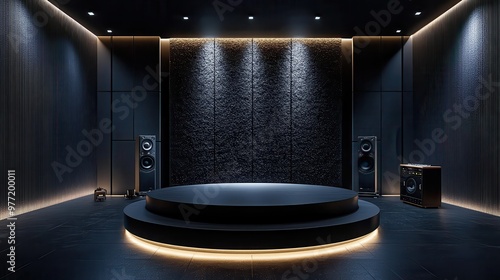 Black podium in a high-end recording studio, soundproof walls, premium audio equipment photo