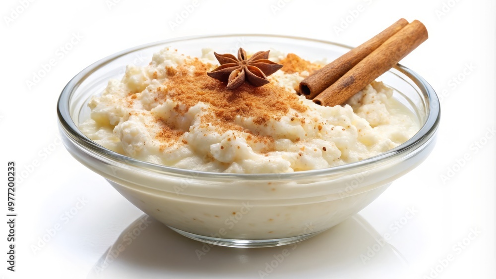 Creamy rice pudding with a sprinkle of cinnamon and sugar, isolated on white background, perfect for a comforting snack. Creamy rice pudding with a sprinkle of cinnamon and sugar, isolated on white background, perfect for a comforting snack.