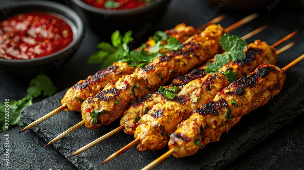 Chicken Satay with Herbs and Spices on Grey Background Chicken Satay with Herbs and Spices on Grey Background