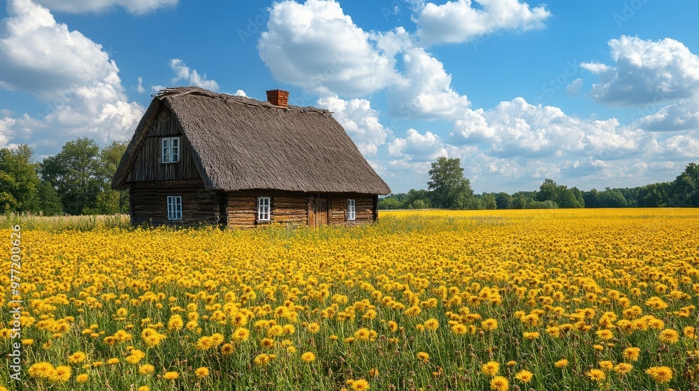 A charming rural house with thatched roof nestled in a vast field of vibrant yellow wildflowers under a bright blue sky with fluffy clouds
