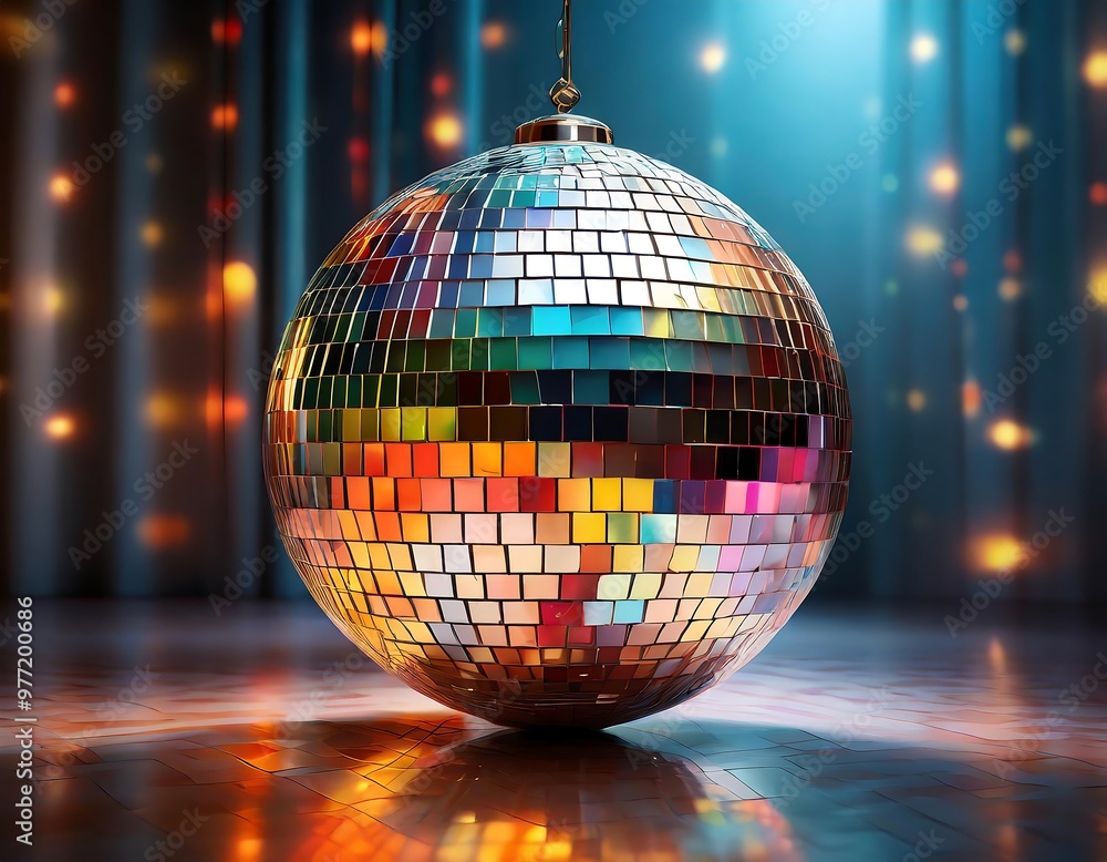 Obraz premium Colorful Disco Mirror Ball Nightclub Sphere Light Reflecting Vibrant Beams Across the Dance Floor – A Symbol of Partying, Celebration, and Retro Vibes, Perfect for Dance Halls, Clubs, and Festive 