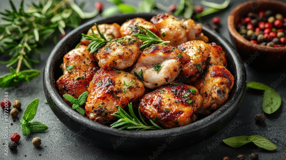 Chicken Wings with Herbs and Spices on Grey Background Chicken Wings with Herbs and Spices on Grey Background