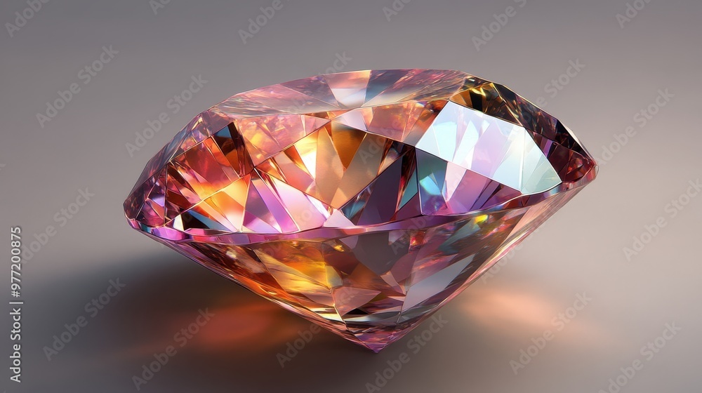 A dazzling multicolored diamond reflects a spectrum of colors, including pink, orange, and purple, against a soft, gradient backdrop that enhances its brilliance and beauty. A dazzling multicolored diamond reflects a spectrum of colors, including pink, orange, and purple, against a soft, gradient backdrop that enhances its brilliance and beauty.