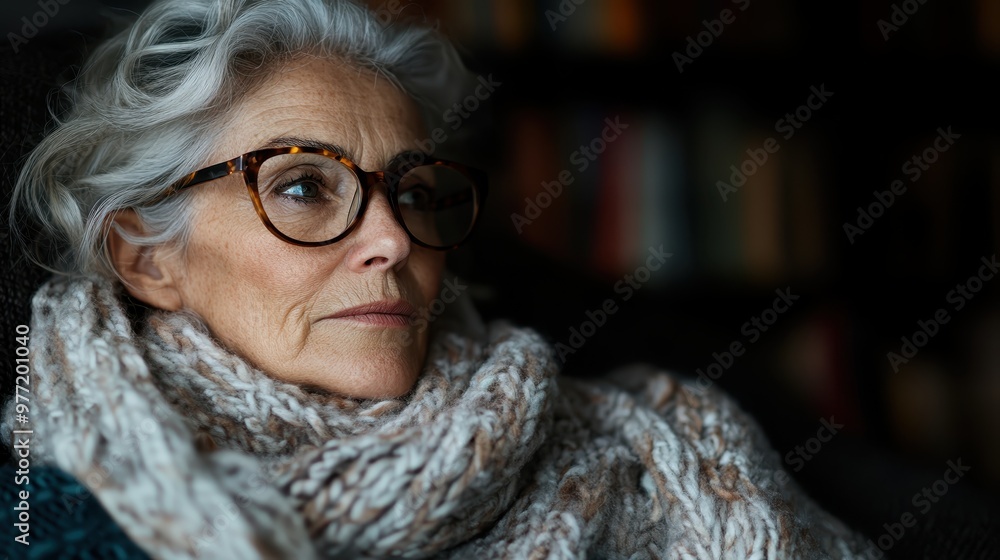 An elderly woman with silver hair and glasses is sitting thoughtfully, wrapped in a cozy knitted scarf, set against the backdrop of a home library. An elderly woman with silver hair and glasses is sitting thoughtfully, wrapped in a cozy knitted scarf, set against the backdrop of a home library.