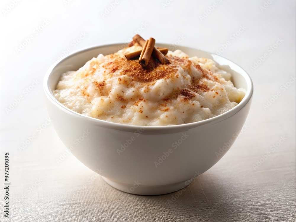 Rice pudding forms a smooth, rounded peak, topped with a delicate sprinkle of cinnamon and a few grains of sugar, against a pristine white backdrop. Rice pudding forms a smooth, rounded peak, topped with a delicate sprinkle of cinnamon and a few grains of sugar, against a pristine white backdrop.