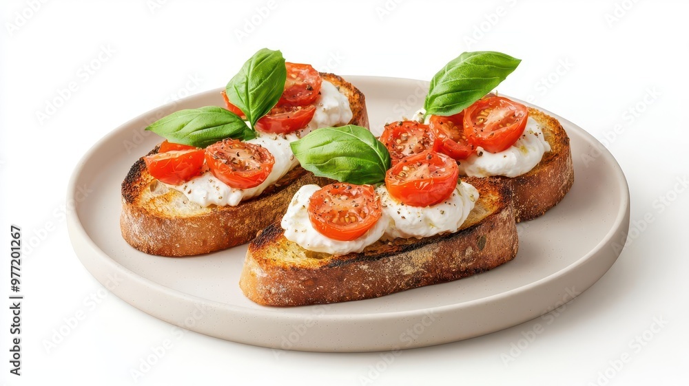 Crispy bruschetta, topped with creamy burrata and cherry tomatoes, 3D illustration Crispy bruschetta, topped with creamy burrata and cherry tomatoes, 3D illustration