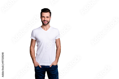 Portrait of good-looking lovely person he his have free time rest stunning millennial feel glad dressed fashionable clothing isolated grey background