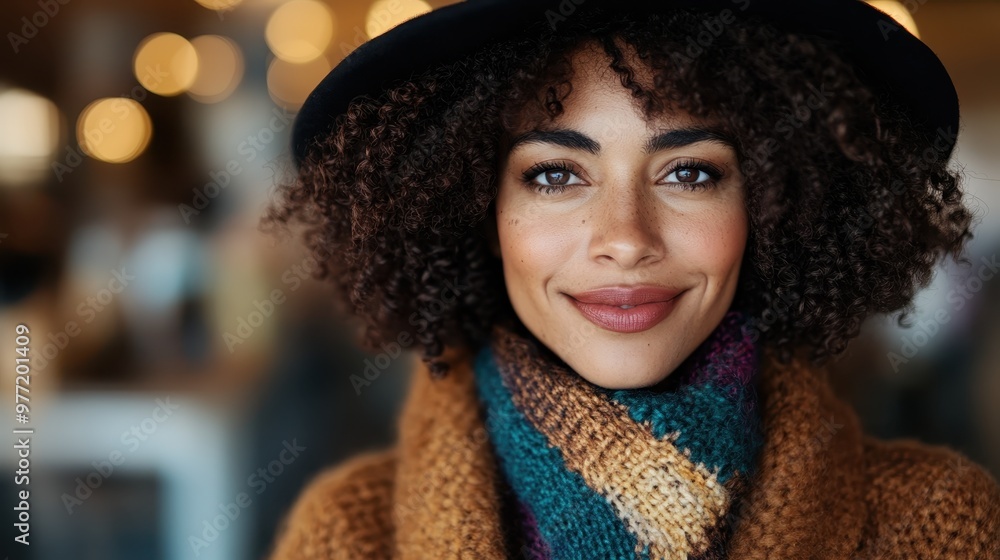 A beautiful woman with curly hair and a radiant smile wears a chunky knit scarf and cozy coat, captured in a lively setting, embodying confidence and warmth. A beautiful woman with curly hair and a radiant smile wears a chunky knit scarf and cozy coat, captured in a lively setting, embodying confidence and warmth.