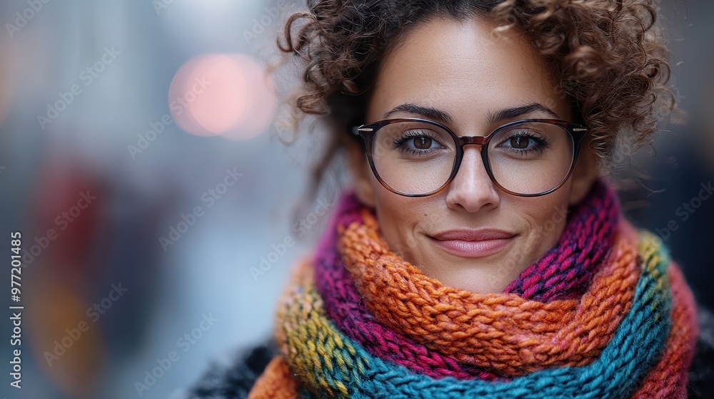 An elegant woman with curly hair and stylish glasses, wrapped in a colorful scarf, stands on a city street, radiating confidence and joy in the urban winter atmosphere. An elegant woman with curly hair and stylish glasses, wrapped in a colorful scarf, stands on a city street, radiating confidence and joy in the urban winter atmosphere.