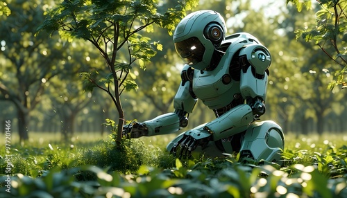 Hyperrealistic depiction of a robot planting trees in a vast field, showcasing the future of agriculture with innovative ecorobotics and green technology photo