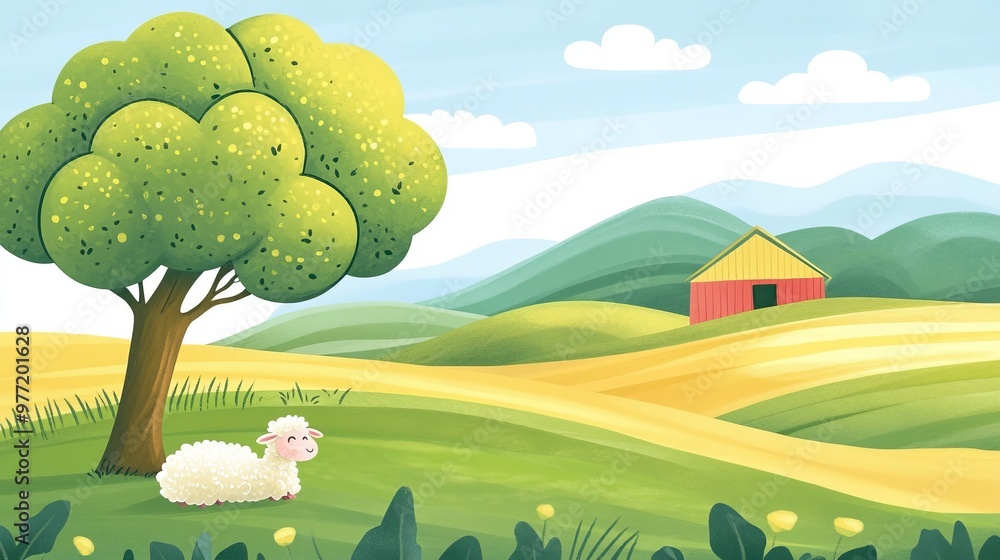 Naklejka premium Cute Cartoon Sheep in a Farm Landscape Illustration
