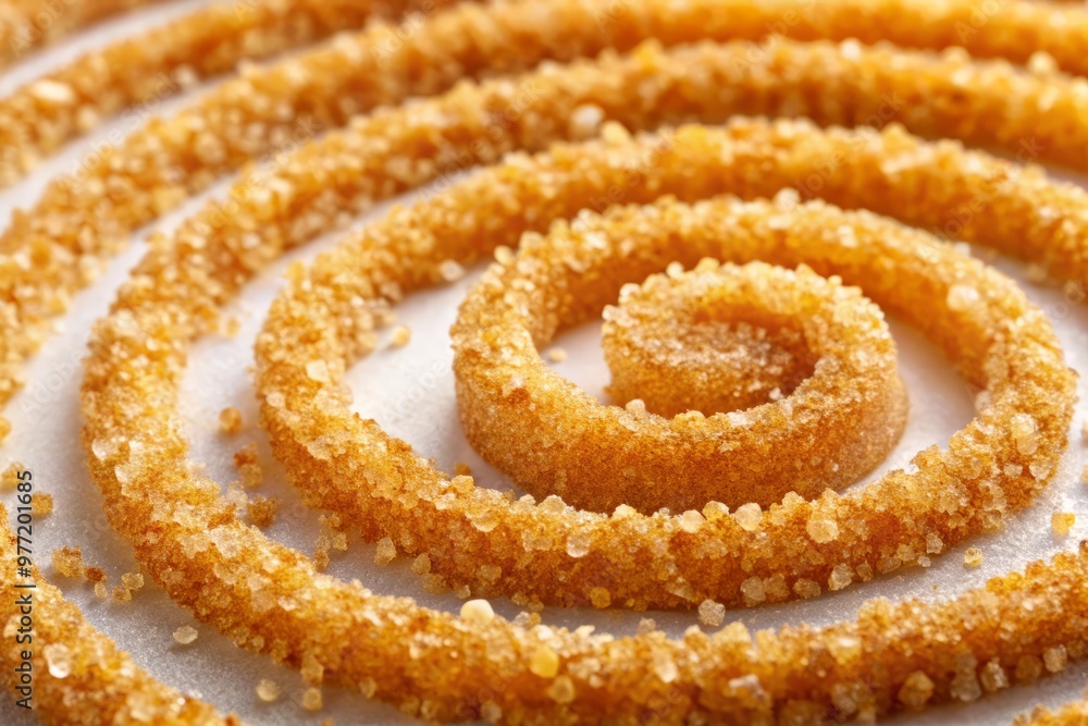Fototapeta premium Golden-brown sugar crystals scattered around a delicate, swirly pattern of sütlaç, showcasing its smooth, velvety texture on a pure white surface