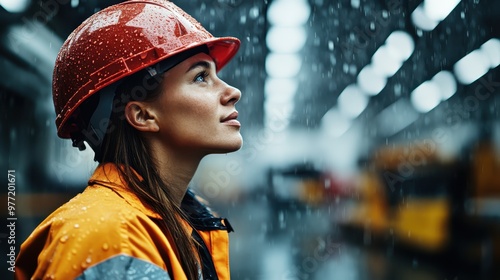 An individual donned in a red safety helmet and orange reflective jacket stands amidst heavy rain with blurred industrial vehicles and machinery forming the backdrop.