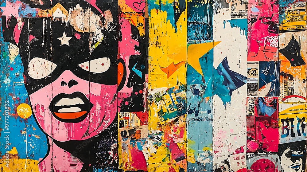 A female face peers out from an abstract pop art graffiti wall, surrounded by colorful posters. A female face peers out from an abstract pop art graffiti wall, surrounded by colorful posters.