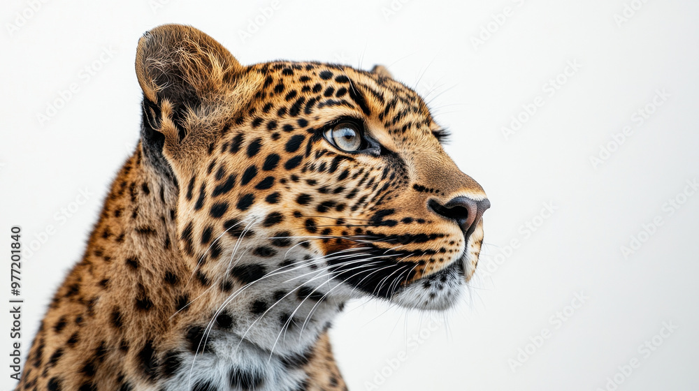 Fototapeta premium Leopard Portrait, Proud leopard gazing away from the camera, showcasing its beauty against a clean white background, ideal for wildlife photography