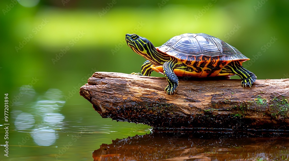 A colorful turtle basks on a log, peacefully floating in a pond. A colorful turtle basks on a log, peacefully floating in a pond.