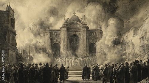 A vintage illustration captures a solemn religious ceremony before a grand church. photo