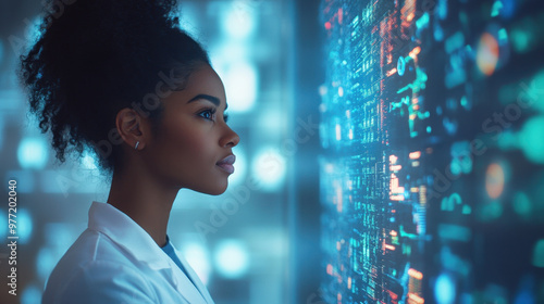 African American Doctor, Side view of a Black female doctor analyzing healthcare data on a holographic display, showcasing AI in medical research