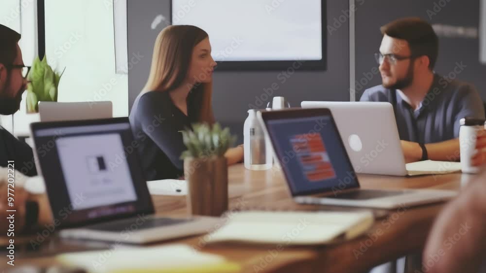 Group of colleagues having a meeting around a wooden table with laptops in a modern office. Collaboration and teamwork concept. Group of colleagues having a meeting around a wooden table with laptops in a modern office. Collaboration and teamwork concept.