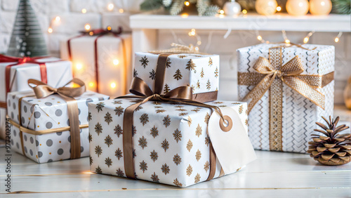 Christmas gift boxes wrapped with festive paper arranged near a fireplace