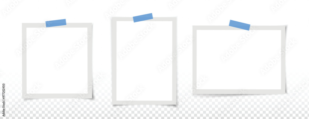 3 polaroid photo frames collection vector. Empty black photo frame mockup with shadow and white background. Transparent sticky tape. 3 polaroid photo frames collection vector. Empty black photo frame mockup with shadow and white background. Transparent sticky tape.