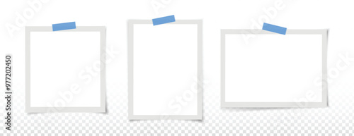 3 polaroid photo frames collection vector. Empty black photo frame mockup with shadow and white background. Transparent sticky tape.