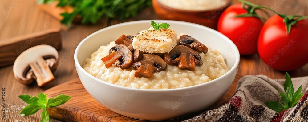 Creamy mushroom risotto, topped with a crispy parmesan tuile, 3D illustration Creamy mushroom risotto, topped with a crispy parmesan tuile, 3D illustration