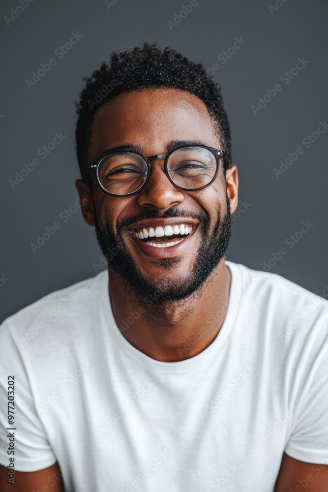 Smiling man, A pleased dark-skinned man with an unshaven face and glasses, wearing a casual white t-shirt, joyfully reacts to positive news with a broad smile Smiling man, A pleased dark-skinned man with an unshaven face and glasses, wearing a casual white t-shirt, joyfully reacts to positive news with a broad smile
