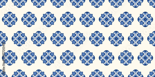 Seamless navy blue and white azulejo pattern inspired by traditional Mediterranean and Portuguese tiles. Ornate damask fabric swatch. Floral and geometric ethnic motifs. Moroccan ceramic background.
