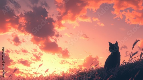 A curious cat gazing at a soft sunset with pastel-colored clouds in the sky, Japanese animation background