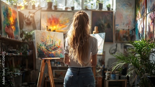 A young artist, surrounded by plants and abstract artwork, brings her vision to life in her studio.