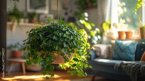 Cozy Living Room with English Ivy in Hanging Pot and Minimalist Decor