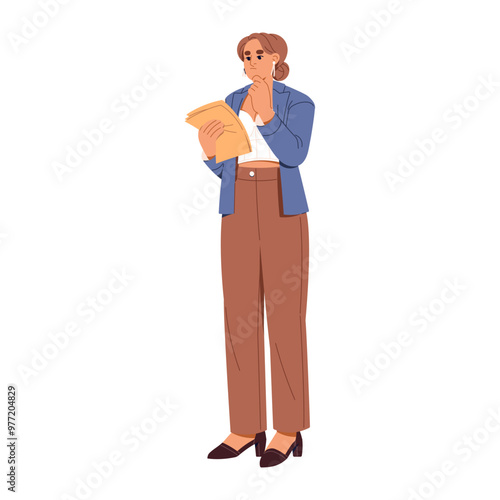 Modern businesswoman reading documents, thinking. Thoughtful business woman in stylish clothes pondering. Puzzled employee with papers in hand. Flat isolated vector illustration on white background