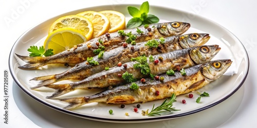 Simple yet flavorful grilled sardines, presented on a clean white background, with a splash of olive oil and a squeeze of lemon juice