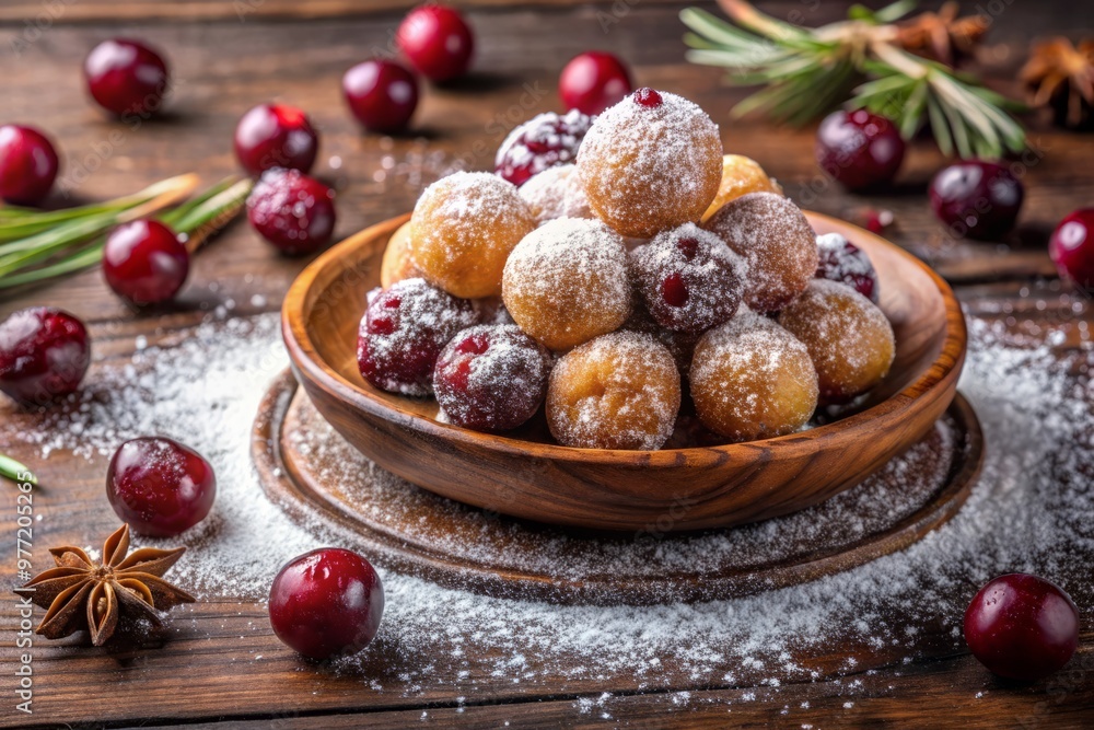 A delicate arrangement of kokonte, paired with dried cranberries and a sprinkle of powdered sugar A delicate arrangement of kokonte, paired with dried cranberries and a sprinkle of powdered sugar