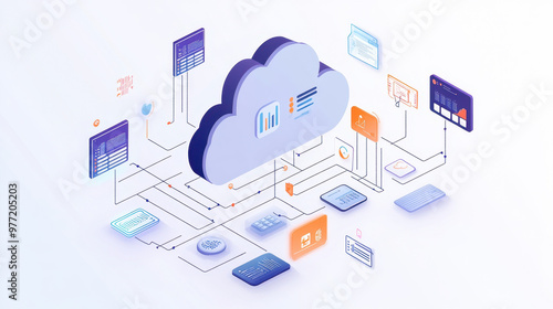 Wallpaper Mural Cloud file integration and migration,  illustration showing cloud API integration with data streams and digital connections Torontodigital.ca