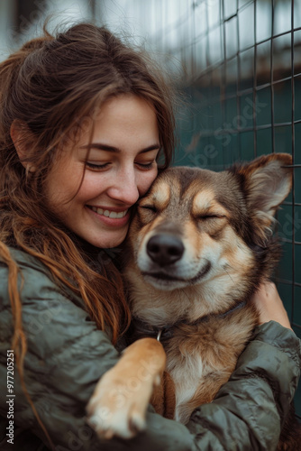 Pet adoption, Joyful woman hugging dog at adoption center