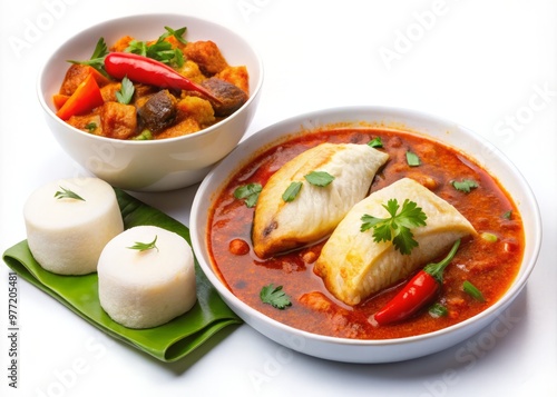 West African street food, Banku, isolated on a white background with a side of spicy fish stew