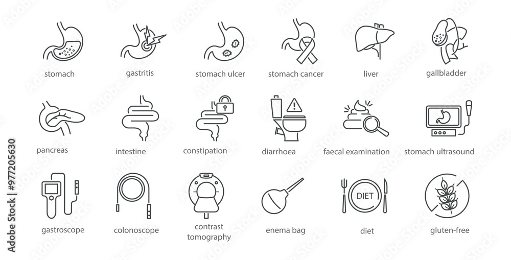 Gastroenterology line icon set. Liver, gallbladder, pancreas, gluten ...