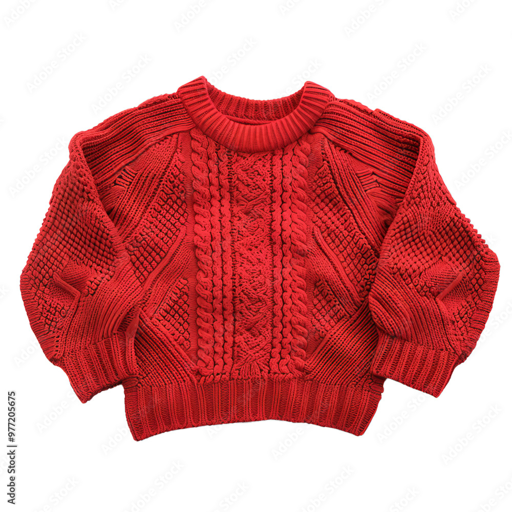 Red cable knit sweater with long sleeves arranged on white background Red cable knit sweater with long sleeves arranged on white background