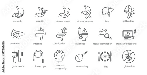 Gastroenterology line icon set. Liver, gallbladder, pancreas, gluten free diet, diarrhea, feces, ct, digestion, ultrasound, ulcer, duodenum, bile vector illustration. Editable Strokes