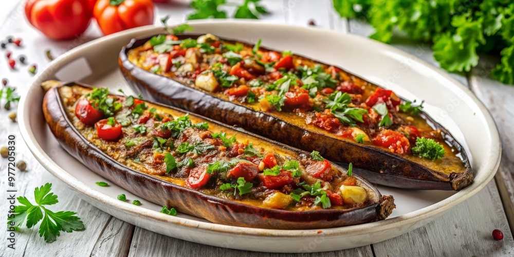 Fresh from the oven, a savory Imam Bayildi eggplant delight is presented on a crisp white surface, showcasing the perfectly cooked Fresh from the oven, a savory Imam Bayildi eggplant delight is presented on a crisp white surface, showcasing the perfectly cooked