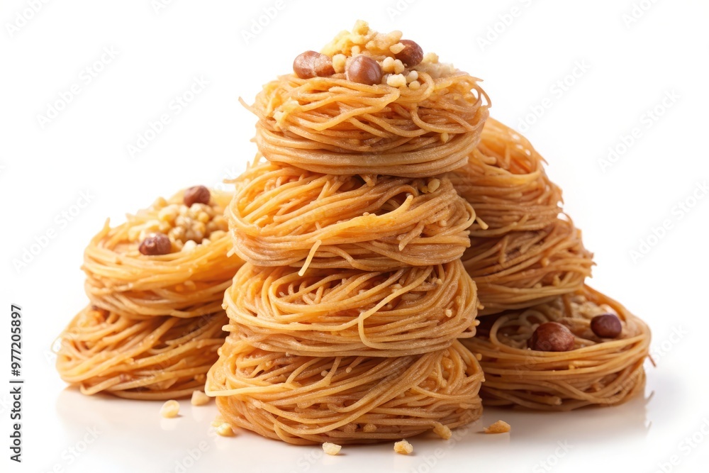 Shredded pastry strands layered in a delicate heap, glistening with sweet syrup and sprinkled with crushed nuts, isolated on a pristine white background. Shredded pastry strands layered in a delicate heap, glistening with sweet syrup and sprinkled with crushed nuts, isolated on a pristine white background.