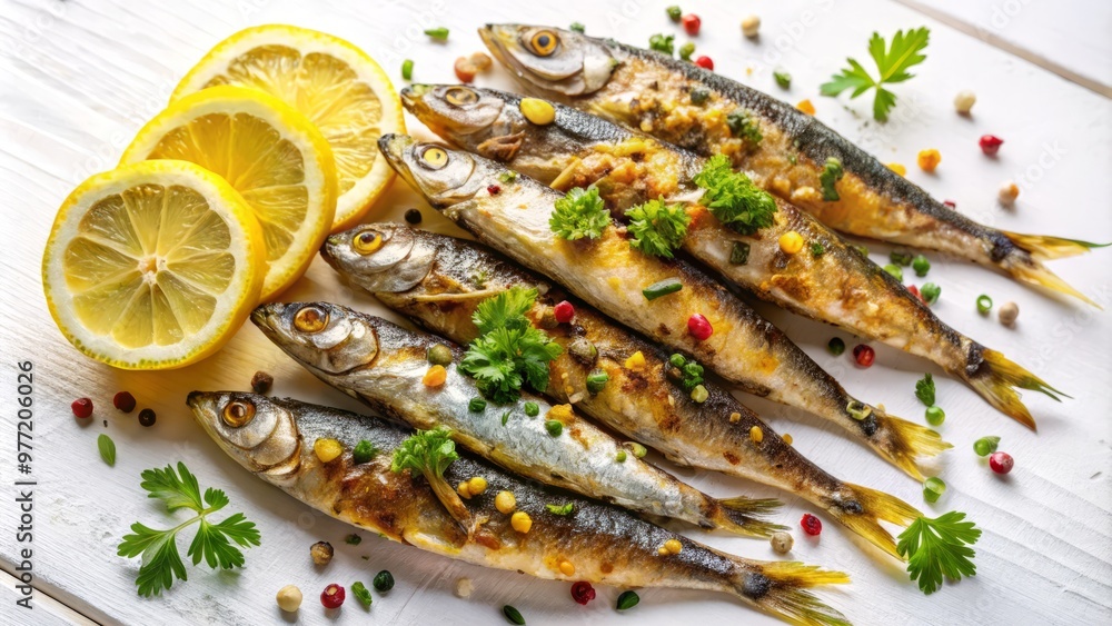 Grilled sardines, delicately flavored with lemon zest and olive oil, arranged artfully on a white surface Grilled sardines, delicately flavored with lemon zest and olive oil, arranged artfully on a white surface