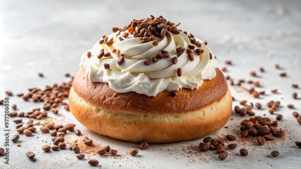 Kokonte dough on a clean white background, adorned with a dollop of whipped cream and a sprinkle of chocolate shavings Kokonte dough on a clean white background, adorned with a dollop of whipped cream and a sprinkle of chocolate shavings