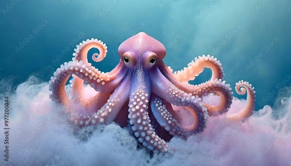 Obraz premium Dramatic Octopus Emerging from a Dark Ink Cloud Illuminated by Neon Spotlight – A Striking Underwater Scene Highlighting the Mysterious Sea Creature in Motion with Vibrant Colors and High Contrast