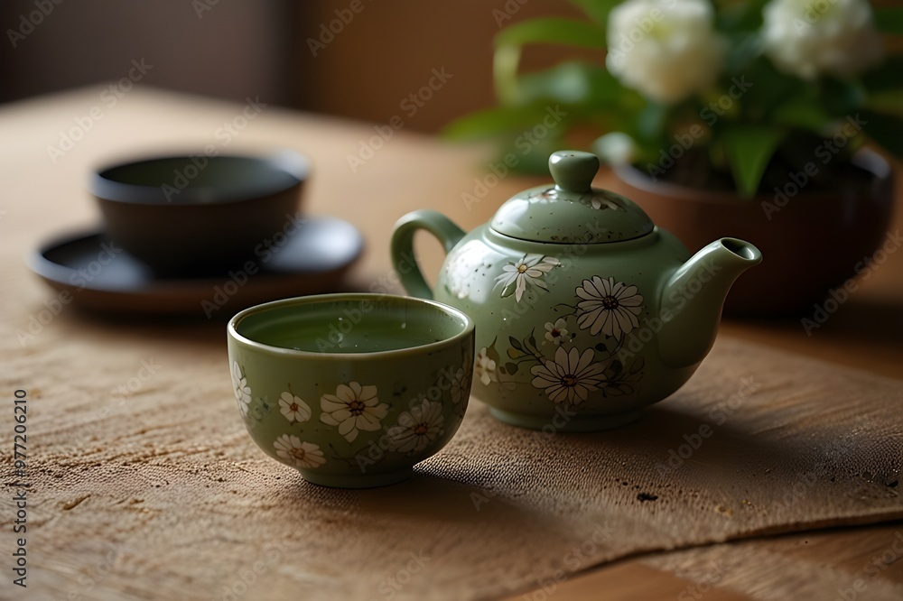 green tea in cups with decoration description: green tea in cups with decoration description: